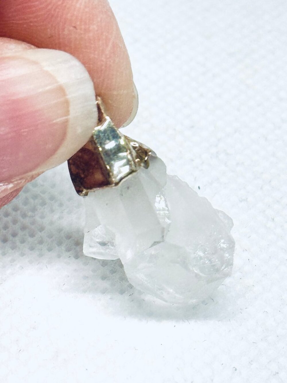 Genuine Natural Clear Quartz Crystal Cluster Pendant Raw Point Gold Tone